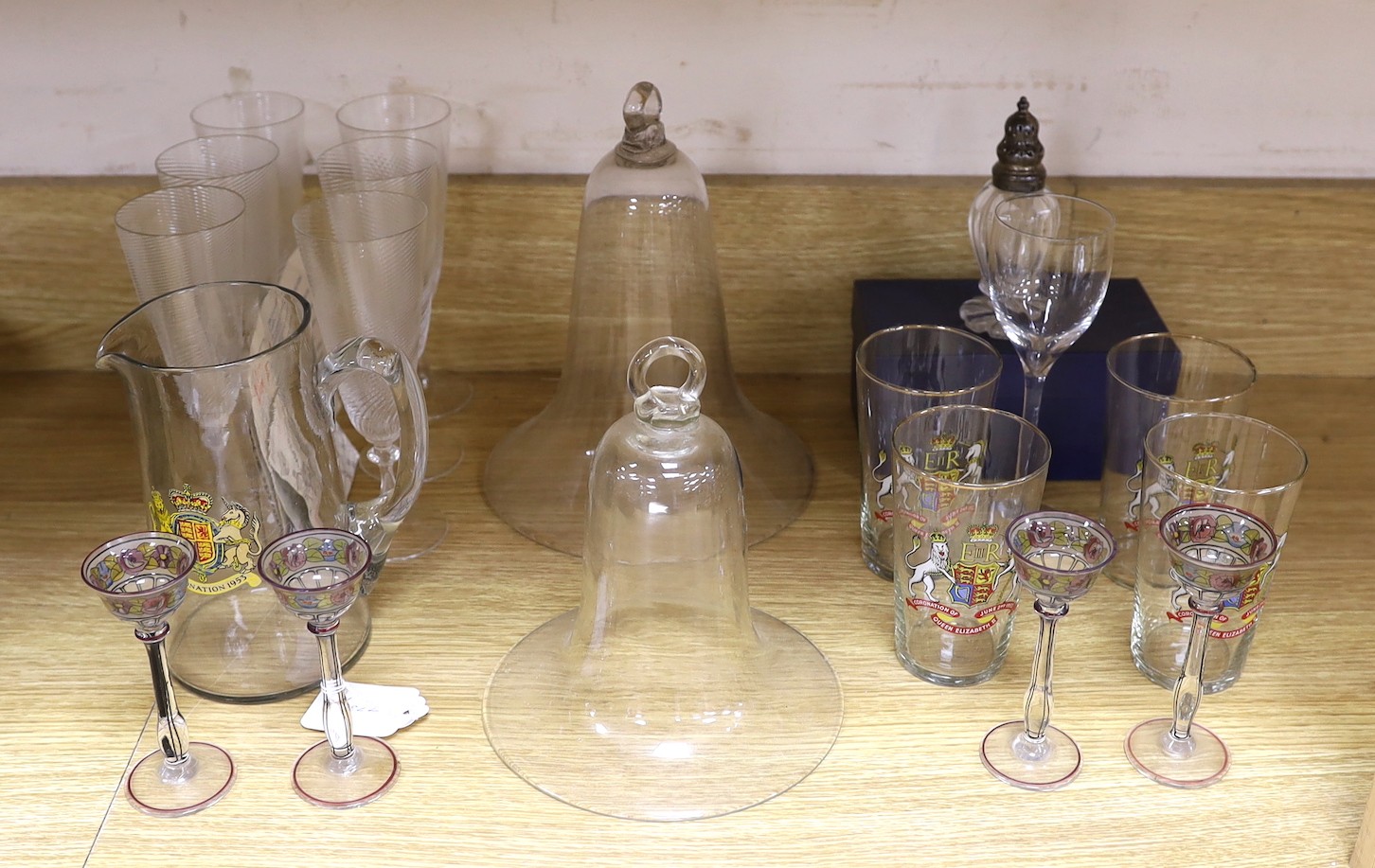A selection of glassware, to include a set of six Murano wine glasses, four Meyr’s Neffe style liqueur glasses, two candle sconces, etc.